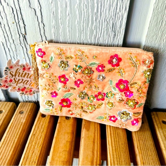 Bags India Pink Velvet Floral Embroidery Beaded Makeup Bag Coin Purse
